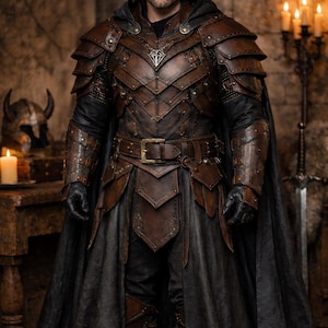 Lederumhang & Rüstungsset, Fantasy-Lederrüstungskostüm mit langem Kapuzenumhang, mittelalterliches Kriegeroutfit für Cosplay, LARP und Rollenspiele Bild 1