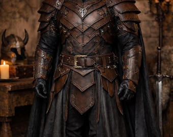 Leather Cloak & Armor Set Fantasy Leather Armor Costume with Long Hooded Cloak, Medieval Warrior Outfit for Cosplay, LARP and Roleplay