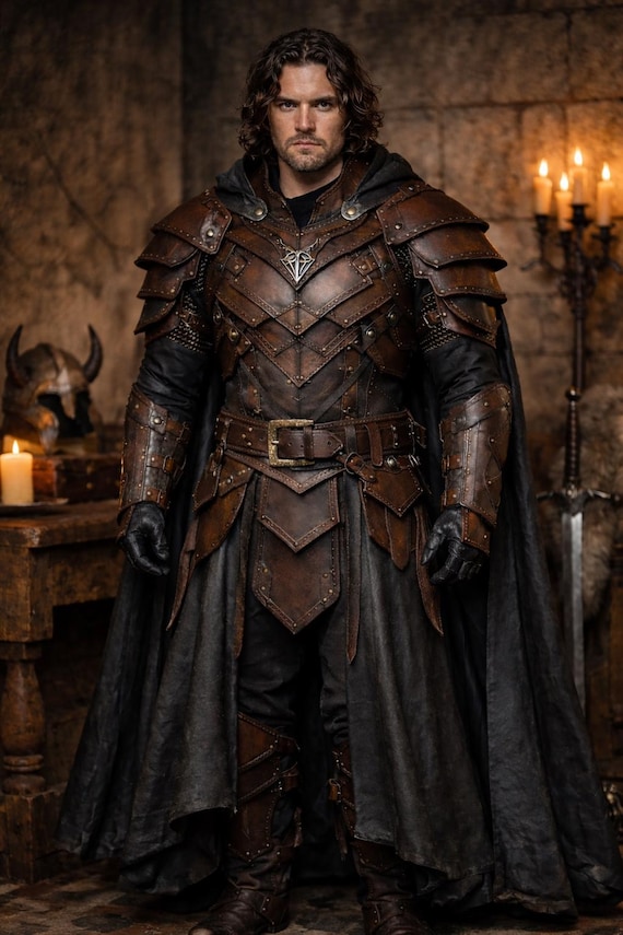 Leather Cloak & Armor Set Fantasy Leather Armor Costume with Long Hooded Cloak, Medieval Warrior Outfit for Cosplay, LARP and Roleplay