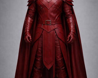 Kriegerkostüm mit roter Lederkapuze – Gothic-LARP-Rüstung – Mittelalter-Cosplay-Anzug – Vollleder-Maskenkostüm für Herren