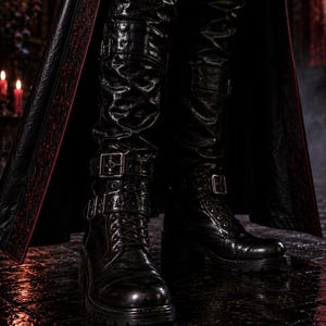 May include: Black leather boots with buckles and laces. The boots are worn with black leather pants and a long black coat with red trim. The image has a dark, gothic aesthetic.