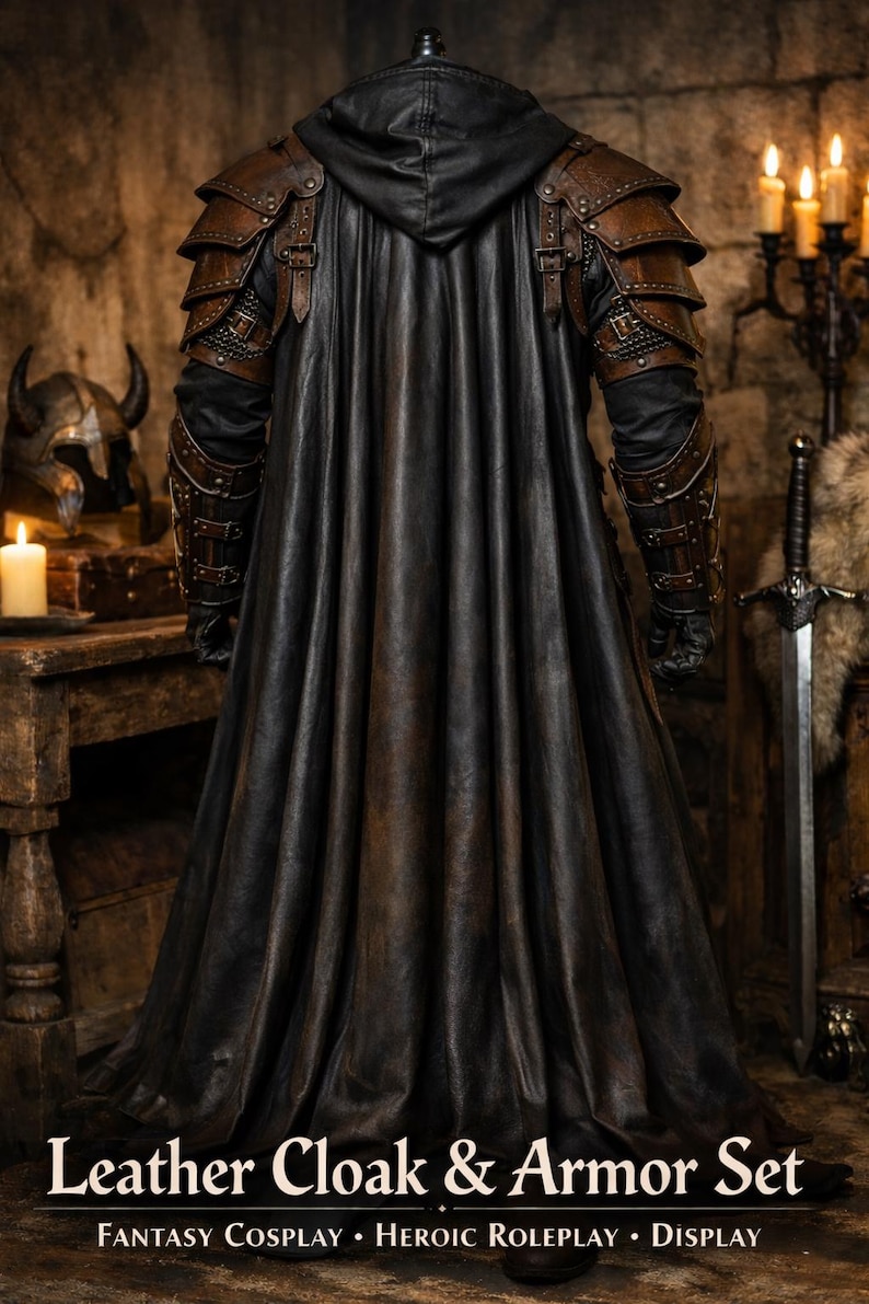 K&ouml;nnte beinhalten: Ein schwarzes Lederumhang- und R&uuml;stungsset mit braunen Akzenten. Die R&uuml;stung umfasst Schulterst&uuml;cke und Armsch&uuml;tzer. Das Bild enth&auml;lt auch ein Schwert, einen Helm und den Text "Leather Cloak & Armor Set".