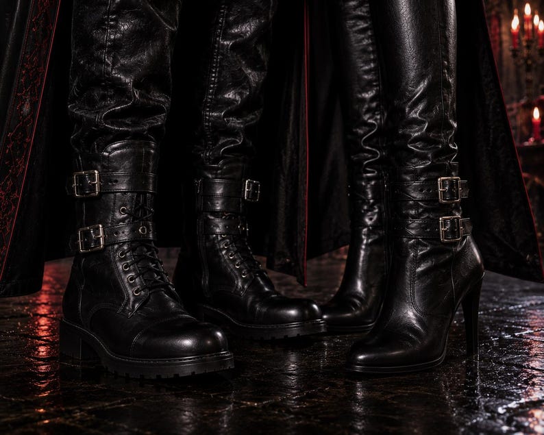 May include: Three pairs of black leather boots with buckles. The boots vary in style, including combat boots with laces and block heels, and knee-high boots with stiletto heels. The boots are on a dark, reflective surface.