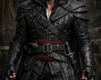 Schwarzes Herren-Kostüm aus Leder mit Kapuze im Assassinen-Stil | Handgefertigter langer Trenchcoat aus echtem Leder | Mittelalterliches Schurken-Krieger-Outfit | Gothic-Leder-Cosplay