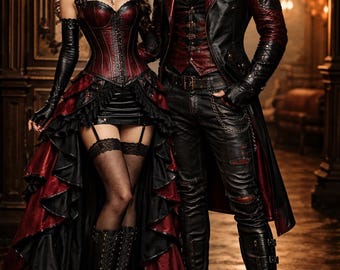 Gothic Leather Couple Costume Red Black – Victorian Steampunk Corset Dress & Men’s Leather Coat Outfit