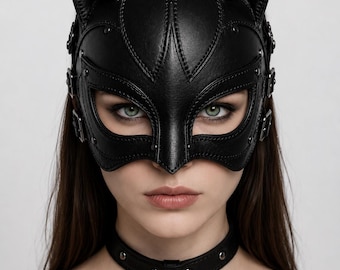 Gothic Leather Catwoman Mask for Women | Black Leather Cat Mask