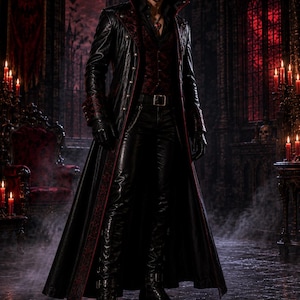 May include: A person wearing a black leather coat with red trim, black pants, and boots. The person is in a gothic setting with a red moon and candles. The coat has a high collar and decorative red accents.