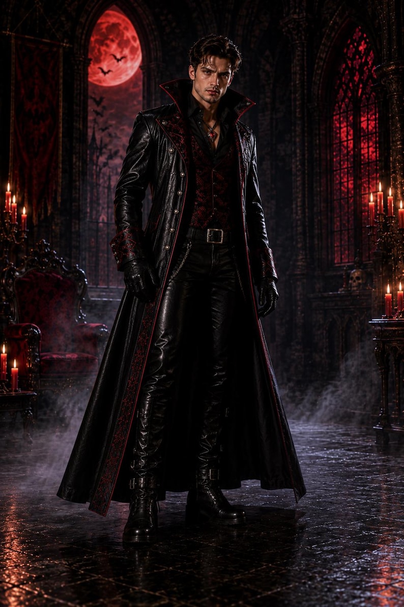 May include: A person wearing a black leather coat with red trim, black pants, and boots. The person is in a gothic setting with a red moon and candles. The coat has a high collar and decorative red accents.