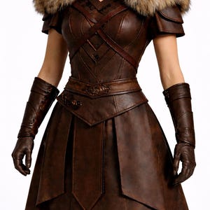 May include: A brown leather costume with a fur collar, short sleeves, and a V-neck. The outfit includes a fitted bodice, a pleated skirt, and matching gloves and arm cuffs. The costume has a medieval or fantasy theme.