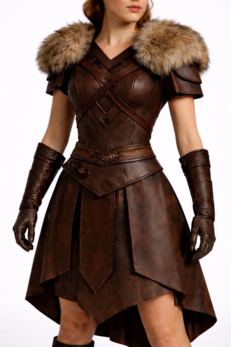 May include: A brown leather costume with a fur collar, short sleeves, and a V-neck. The outfit includes a fitted bodice, a pleated skirt, and matching gloves and arm cuffs. The costume has a medieval or fantasy theme.