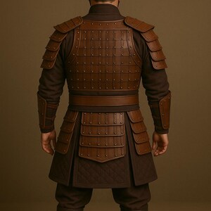 May include: A brown leather and fabric costume, featuring a conical hat, shoulder armor, and a skirt-like lower garment. The armor is detailed with rivets and a quilted texture. The outfit is a historical or fantasy-themed garment.
