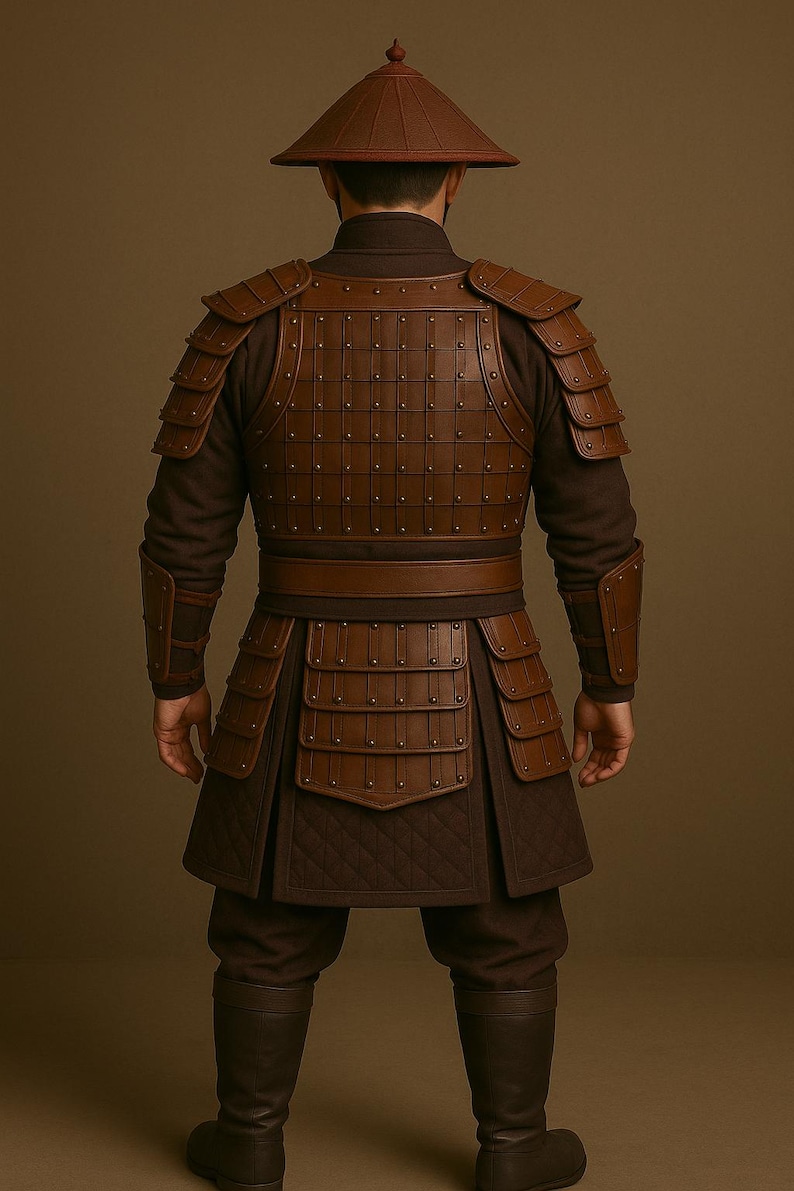 May include: A brown leather and fabric costume, featuring a conical hat, shoulder armor, and a skirt-like lower garment. The armor is detailed with rivets and a quilted texture. The outfit is a historical or fantasy-themed garment.
