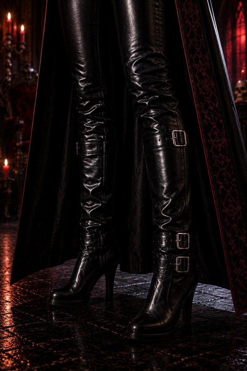 May include: Black leather knee-high boots with high heels and silver buckles. The boots have a sleek, glossy finish and are worn with black leather pants. The image is set in a dimly lit room with a dark, gothic aesthetic.