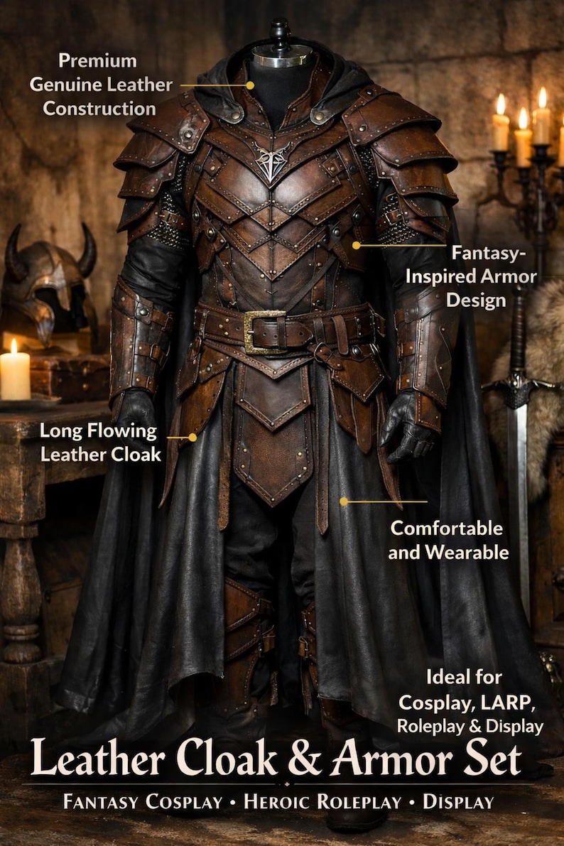K&ouml;nnte beinhalten: Ein braunes Leder-Umhang- und R&uuml;stungsset mit Fantasy-Design. Das Set beinhaltet einen langen, flie&szlig;enden Umhang, eine detaillierte R&uuml;stung und einen G&uuml;rtel mit Schnalle. Der Text auf dem Bild lautet "Leather Cloak & Armor Set".