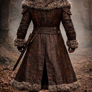 May include: A brown leather coat with fur trim and a fur collar. The coat has a belt and a slit in the back. A sword is attached to the belt. The person is standing in a forest.