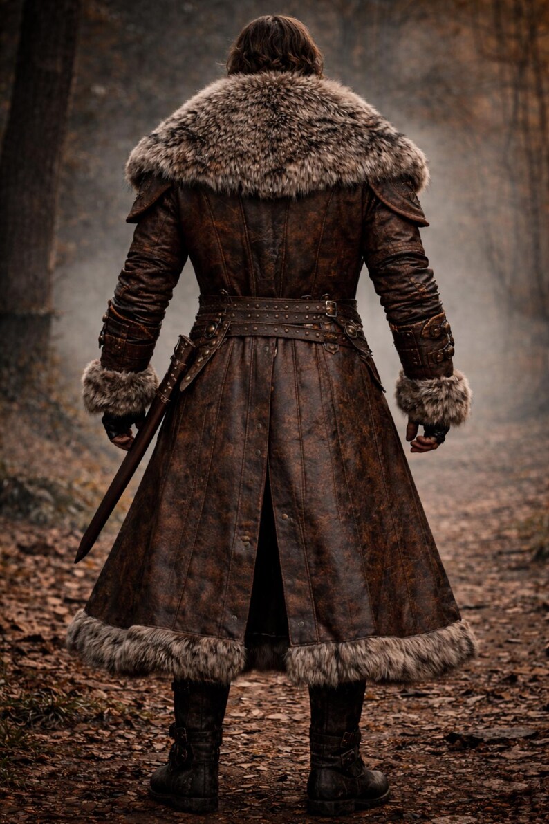 May include: A brown leather coat with fur trim and a fur collar. The coat has a belt and a slit in the back. A sword is attached to the belt. The person is standing in a forest.