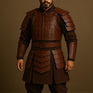May include: A brown leather armor set with a matching hat. The armor features layered plates and is secured with a belt. The outfit includes a long-sleeved shirt and pants, and is worn with boots. The overall aesthetic is historical.