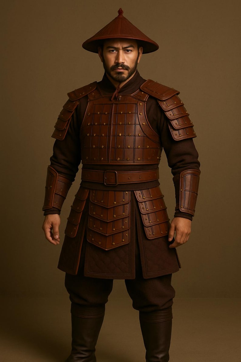 May include: A brown leather armor set with a matching hat. The armor features layered plates and is secured with a belt. The outfit includes a long-sleeved shirt and pants, and is worn with boots. The overall aesthetic is historical.