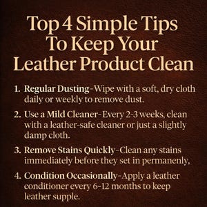 May include: Text on a brown background reads "Top 4 Simple Tips To Keep Your Leather Product Clean." The tips are: dust regularly, use a mild cleaner, remove stains quickly, and condition occasionally.