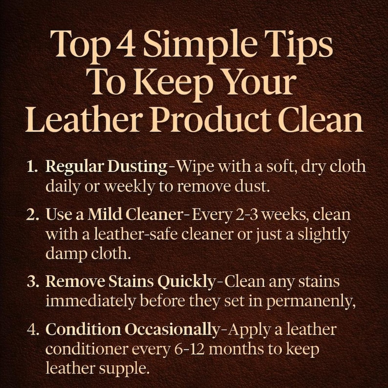 May include: Text on a brown background reads "Top 4 Simple Tips To Keep Your Leather Product Clean." The tips are: dust regularly, use a mild cleaner, remove stains quickly, and condition occasionally.