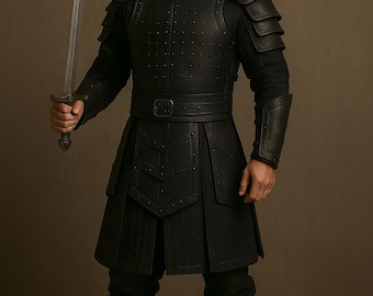 Black Leather Warrior Armor Outfit for Men – Handmade Medieval Leather Armor Suit with Belt, Shoulder Guards & Skirt