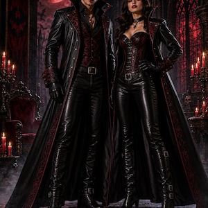 May include: A couple in gothic attire stands in a dimly lit room with a red moon in the background. They wear black leather coats with red trim, black pants, and boots. The woman wears a corset. The scene is lit by candles.
