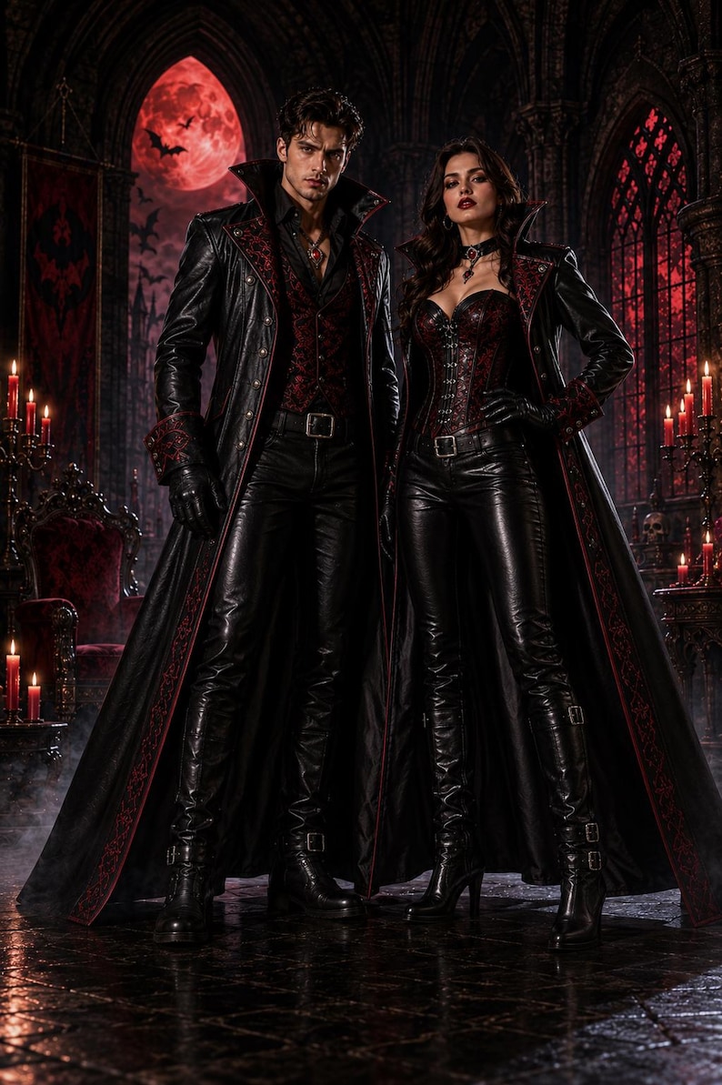 May include: A couple in gothic attire stands in a dimly lit room with a red moon in the background. They wear black leather coats with red trim, black pants, and boots. The woman wears a corset. The scene is lit by candles.