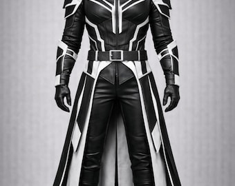 Shadow Sentinel Hooded Leather Armor Costume – Futuristic Black & White Assassin Outfit for Men – Handmade Cosplay Suit