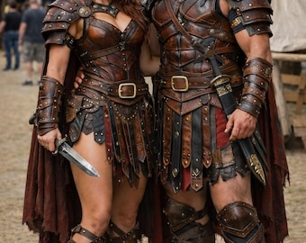 Handmade Leather Warrior Couple Costume: Gladiator Armor & Kilt - Festival Cosplay
