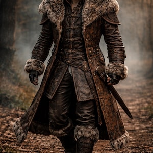 May include: A brown leather coat with fur trim, worn by a person walking on a forest path. The coat features a fur collar and cuffs, with intricate button and buckle details. The person is also wearing matching leather pants and boots, and is holding a sword.