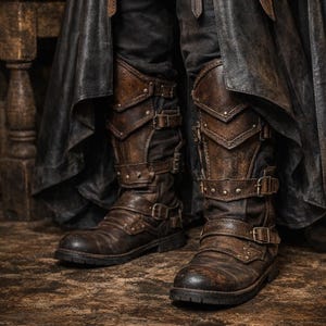 K&ouml;nnte beinhalten: Braune Lederstiefel mit mehreren Schnallen und Riemen. Die Stiefel haben ein abgenutztes, abgenutztes Aussehen mit dekorativen N&auml;hten und Metallnieten. Die Stiefel sind Teil eines Kost&uuml;ms oder Outfits, mit dunkler Kleidung dar&uuml;ber.