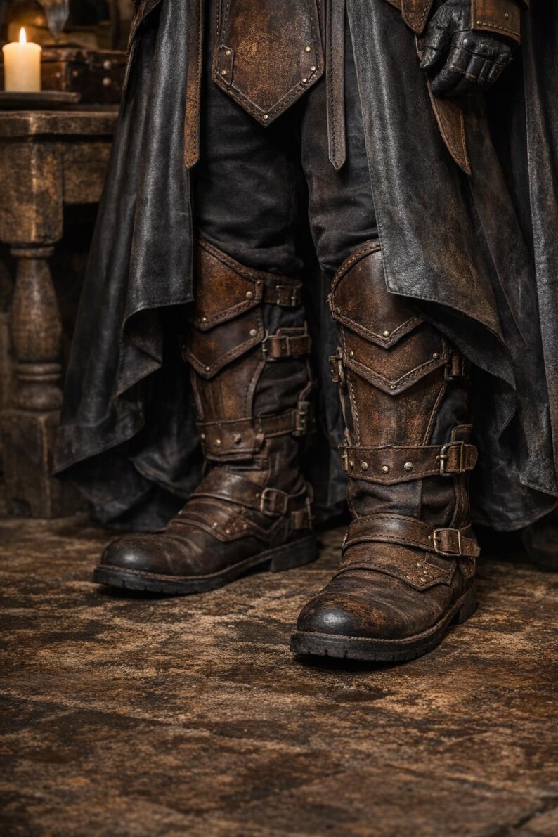 K&ouml;nnte beinhalten: Braune Lederstiefel mit mehreren Schnallen und Riemen. Die Stiefel haben ein abgenutztes, abgenutztes Aussehen mit dekorativen N&auml;hten und Metallnieten. Die Stiefel sind Teil eines Kost&uuml;ms oder Outfits, mit dunkler Kleidung dar&uuml;ber.