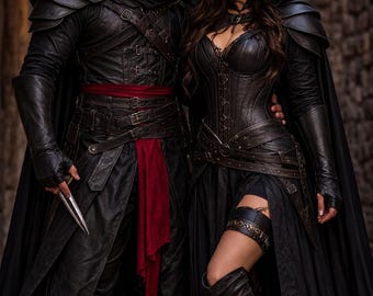 Medieval Assassin Couple Costume | Handmade Leather Assassin Outfit for Men & Women | Gothic Warrior Cosplay Armor Set