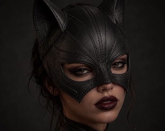 Women's Gothic Leather Catwoman Mask | Handmade Black Leather Cat Mask | Gothic Cosplay Mask | Halloween Costume Mask