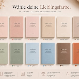 May include: Twelve hardcover books arranged in two rows, each featuring the German text 'Dein Titel' on the cover. The colors include blush pink, dusty rose, baby pink, beige, cream, warm taupe, sage green, eucalyptus, baby blue, powder blue, mocha, and terracotta.