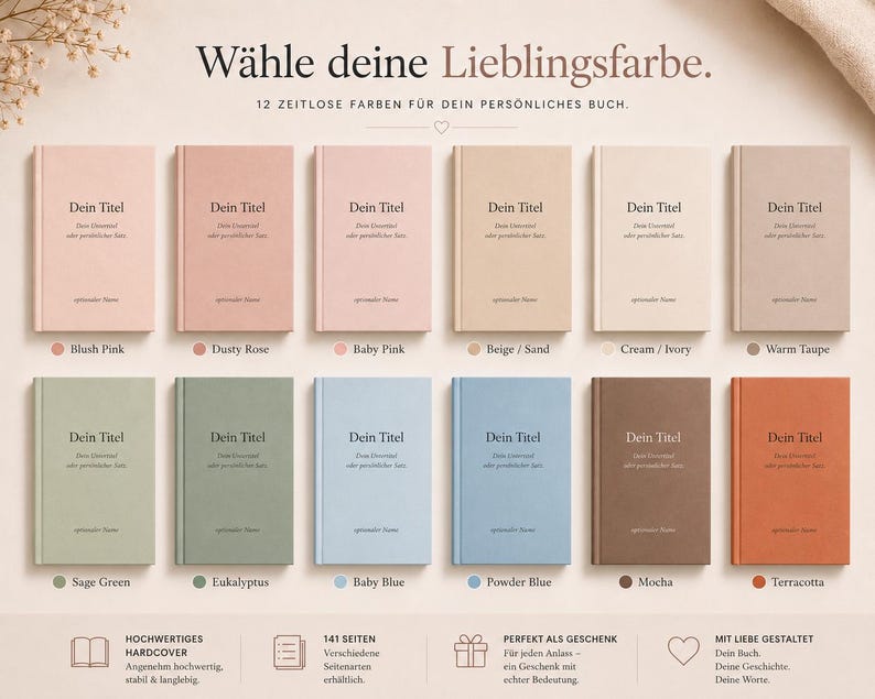 May include: Twelve hardcover books arranged in two rows, each featuring the German text 'Dein Titel' on the cover. The colors include blush pink, dusty rose, baby pink, beige, cream, warm taupe, sage green, eucalyptus, baby blue, powder blue, mocha, and terracotta.
