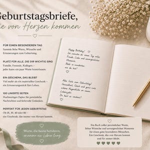 Puede incluir: Un cuaderno abierto con texto manuscrito y un bol&iacute;grafo dorado, junto a una taza de caf&eacute; y flores. Las p&aacute;ginas del cuaderno est&aacute;n en blanco, listas para mensajes personales. El texto de la imagen dice "Cartas de cumplea&ntilde;os, que vienen del coraz&oacute;n."