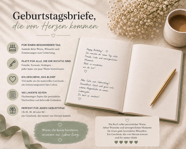 Puede incluir: Un cuaderno abierto con texto manuscrito y un bol&iacute;grafo dorado, junto a una taza de caf&eacute; y flores. Las p&aacute;ginas del cuaderno est&aacute;n en blanco, listas para mensajes personales. El texto de la imagen dice "Cartas de cumplea&ntilde;os, que vienen del coraz&oacute;n."