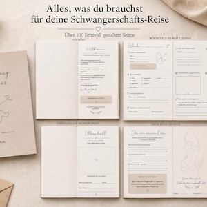 May include: A beige Pregnancy Journal with the word "Pregnancy" and "JOURNAL" in black script. The cover features a line drawing of a fetus and a heart. The journal is open to show interior pages.