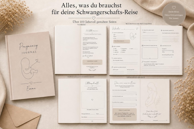 May include: A beige Pregnancy Journal with the word "Pregnancy" and "JOURNAL" in black script. The cover features a line drawing of a fetus and a heart. The journal is open to show interior pages.