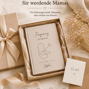 May include: A beige gift box with a satin ribbon, containing a pregnancy journal with the word "Pregnancy Journal" and the name "Sophia". A small card with the words "F&uuml;r dich" is also included.