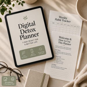 Könnte beinhalten: Ein digitaler Detox-Planer auf einem Tablet mit dem Text "Digital Detox Planner 7-Day Reset for a Better Life". Enthält einen wöchentlichen Gewohnheitstracker, eine Anleitung, einen Stift, eine Brille und ein Notizbuch. Der Planer zielt darauf ab, die Bildschirmzeit zu reduzieren.