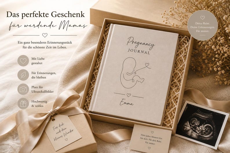 May include: A beige gift box with a pregnancy journal, ultrasound photo, and a small gift. The journal is labeled "Pregnancy JOURNAL" with an illustration of a fetus. The box includes a gift tag and a card. The overall theme is a gift for expectant mothers.