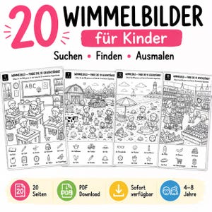 Könnte beinhalten: Eine digitale Sammlung von 20 Wimmelbilder für Kinder Aktivitätsseiten mit schwarz-weißen Strichzeichnungen. Jede Seite enthält ein Suchspiel mit 10 versteckten Gegenständen zum Finden und Ausmalen sowie beschriftete Symbole am unteren Rand.