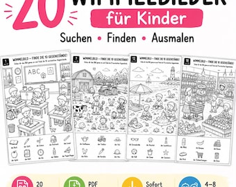 20 Wimmelbilder für Kinder Suchbilder zum Ausdrucken PDF Download Ausmalbilder Kleuterschool Vorschule Lernspiel