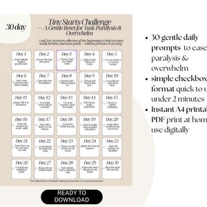 Könnte beinhalten: Ein druckbares 30-Tage-Tiny-Starts-Challenge, entwickelt, um Aufgabenparalyse und Überforderung zu überwinden. Das beigefarbene Design zeigt ein Kalenderlayout mit täglichen Aufforderungen und dem Text "READY TO DOWNLOAD".
