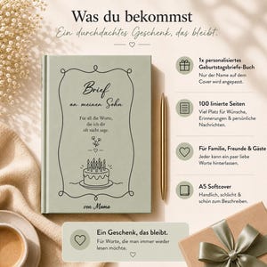 Puede incluir: Un diario verde salvia con las palabras "Brief an meinen Sohn" y una ilustraci&oacute;n de pastel. El diario incluye 100 p&aacute;ginas rayadas y es una tapa blanda A5. Un bol&iacute;grafo dorado descansa junto al diario.