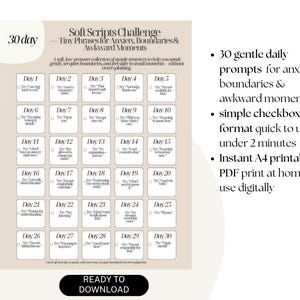 Puede incluir: Un desafío imprimible de 30 días de Soft Scripts para la ansiedad, los límites y los momentos incómodos. La tabla beige presenta una cuadrícula de casillas de verificación con indicaciones diarias. El texto incluye "Ready to Download".