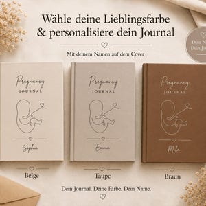 May include: Three journals with the text "Pregnancy Journal" and a line drawing of a fetus. The journals are in beige, taupe, and brown. The names "Sophia", "Emma", and "Mila" are printed on the covers. The text "W&auml;hle deine Lieblingsfarbe & personalisiere dein Journal" is at the top.