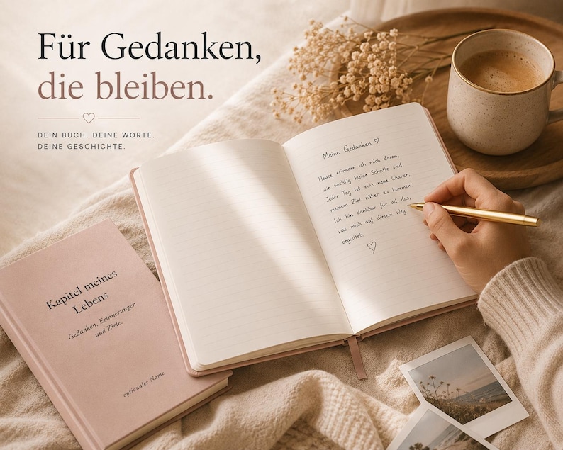 May include: A dusty pink journal with the text 'Kapitel meines Lebens' on the cover, shown open with lined pages and handwritten German text. The journal is accompanied by a gold pen, a ceramic mug, and small photographs on a textured fabric.